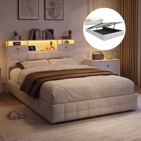 BLANKETSWARM - Lit coffre 140 x 200 cm avec sommier, lit adulte double rembourré - Ports USB et LED réglables - Tête de lit avec deux petits tiroirs de rangement - Velours Beige (1/5)