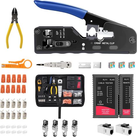 Lot de 33 pinces à sertir RJ45 pour Cat7, outils réseau avec pince à dénuder et 20 fiches LAN Cat7 Pass Through, testeur de câble réseau, sac de rangement (set2) (1/5)