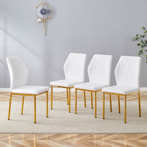 Silla de comedor de metal y PU blanco/oro, juego de 4, con respaldo acolchado y patas antideslizantes,43×42.6×93cm (1/5)