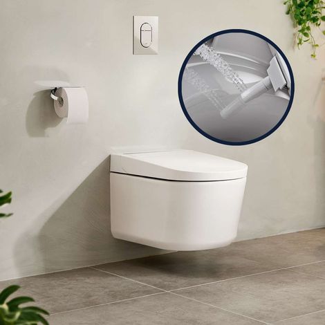 Grohe – Cuvette murale sans rebord en céramique blanc brillant – Rinçage profond – Abattant softclose – Douche intime réglable (1/10)