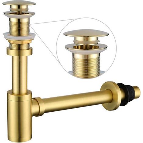 Ecleanfy - Kit Siphon P Lavabo Salle de Bain Or Brossé - Bonde à Tirette Sans Trop-Plein - Laiton 1-1/4" - Garantie à Vie (1/4)