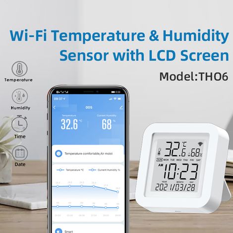 Display LCD Tuya WiFi con alimentazione USB, sensori intelligenti per la commutazione di temperatura/umidità (℉/℃), visualizzazione di ora/data/temperatura e umidità, compatibile con Alexa e Smart Hom (1/5)