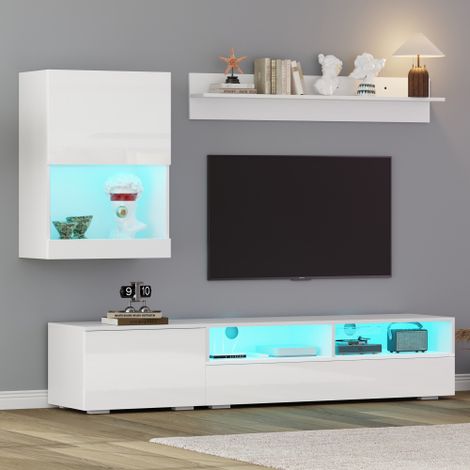 Meuble TV LED — Un meuble TV bas intégrant un système d'éclairage LED  cette unité de haute qualité offre un vaste espace de rangement pour votre salon.