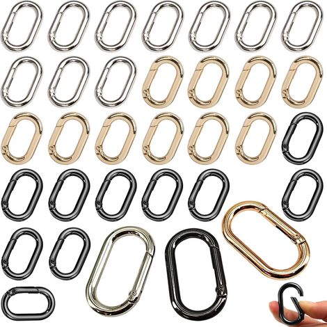 30 Pièces Petit Mousqueton Ovale en Métal Mousquetons Ovales Porte-Clés Anneau à Ressort Mini Mousqueton Ovale pour Sac a Main Porte-Clés (Or, Argent, Noir)