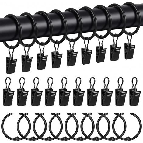 Lot de 25 Anneaux de Rideaux en Métal avec Clips, Diamètre Intérieur 32 mm, Noir, pour Tringle, Fenêtre, Porte, Rideau de Douche, Corde à Linge, Salle de Bain, Salon, Chambre d'amis (1/5)