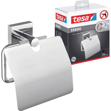 tesa EKKRO Porte-rouleau WC avec couvercle, chromé, fixation adhésive sans perçage (1/3)