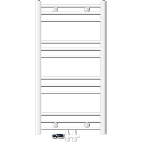 ECD Germany Badheizkörper Mittelanschluss 500 x 800 mm Weiß gerade mit Thermostat und Anschlussgarnitur Durchgang Boden Weiß - Heizkörper Heizung Handtuchwärmer Handtuchtrockner Handtuchheizkörper