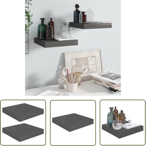 The Living Store Étagère murale flottante 2 pcs Gris brillant 23x23,5x3,8 cm MDF - Étagère Murale - Étagère Flottante - Décoration Murale - Rangement Mural - Meuble Décoratif (1/5)