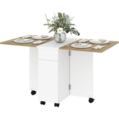 Table à manger pliable 6 personnes cuisine roulettes 2 tiroirs 2 placards, 140x76x74 cm, blanc (1/5)