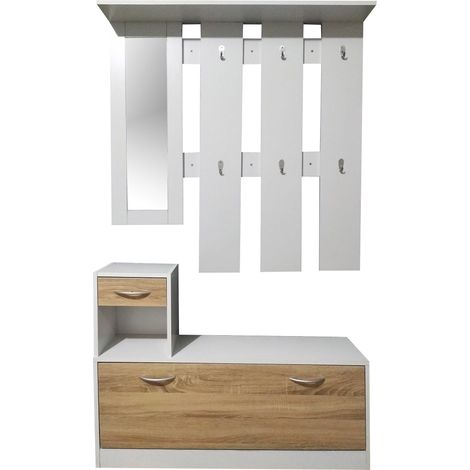 Mobile per Ingresso Scarpiera Appendiabiti e Specchio in Legno Truciolare Bianco e 3D Sonoma