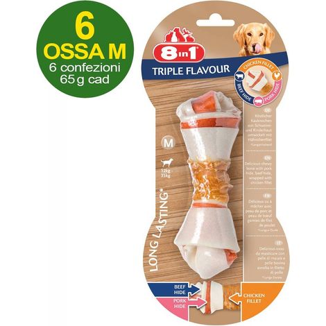 6 ossements Triple Saveur taille M aux triples saveurs de poulet, bœuf et porc - OFFRE ECONOMIQUE 6 paquets de 1 os chacun