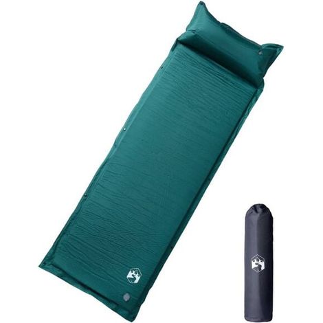 Matelas de camping autogonflant avec oreiller, taille une personne, vert.