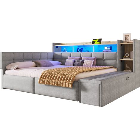 Lit banquette 140x190 avec 2 tiroirs, niche de rangement, banc coffre au pied, ports usb et type-c, éclairage led, structure bois, velours, gris