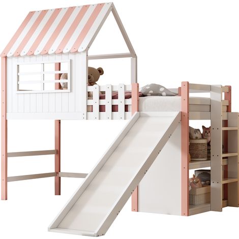 Cama alta infantil de madera maciza rosa 90x200 cm con tobogán, escalera, estantes y somier de láminas (1/5)