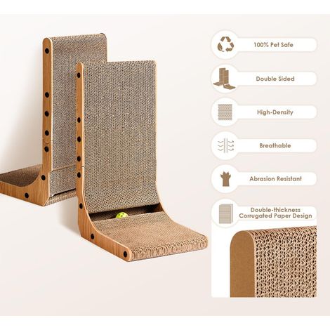 Griffoir pour chat en carton ondulé en forme de L, grattoir vertical design et stable pour chat avec balle de jeu incluse, protège vos meubles