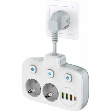 Multiprise à interrupteur unique 2 compartiments, multiprise avec 3 interrupteurs, double prise murale avec 4 USB, OUYLAF, adaptateur de prise avec protection contre les surtensions, sécurité enfant (1/4)