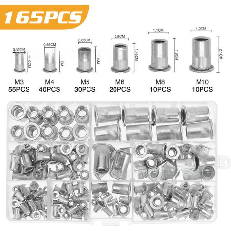 Cross-Border Supply 165Pcsm3-M10 Rivets à tête plate en aluminium, écrous moletés, ensemble combiné de rivets (165 pièces (173 g)) (1/5)
