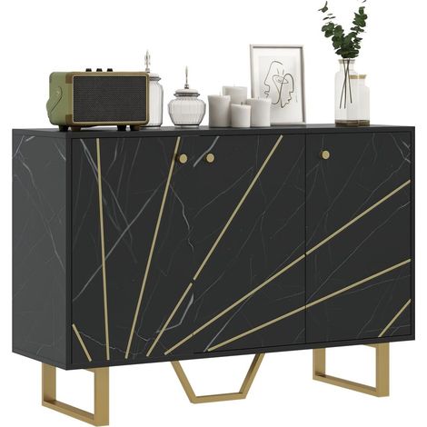 Buffet Meuble de Rangement Salon AoSenYunZhou 3 Portes 2 Placards Étagères Réglables Pieds Métal Aspect Marbre Noir (1/5)