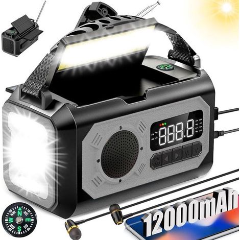 Radio de emergencia,Radios de emergencia,12000 mAh,2 paneles solares,3 métodos de carga,cable USB,linterna LED,conector para auriculares (gris) (1/5)