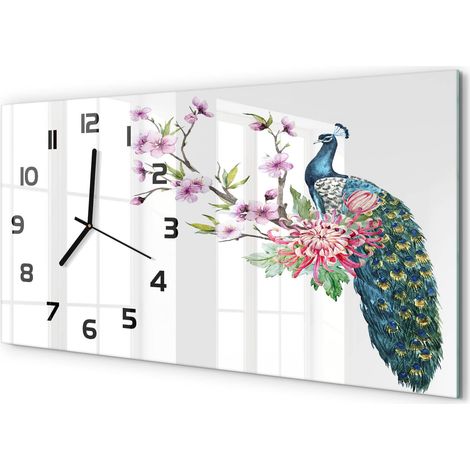 Grande Horloge Murale 60x30 cm Design Panoramique Verre Silencieux pour Salon Paon et fleurs (1/5)