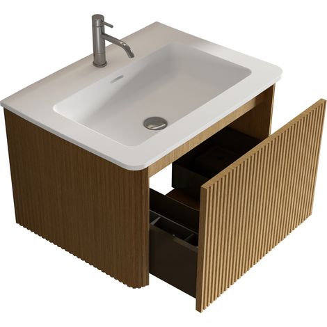 CHICFURN Mueble de baño suspendido 60 cm roble natural con lavabo de resina mineral (1/5)