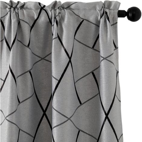 Paire de rideaux gris occultant fantaisie géométrique, noir, isolant pour salon, chambre, bureau, balcon, porte, fenêtre, 2 panneaux avec poche (Gris et noir, 70 x 148 cm) Gris et Noir. (1/5)