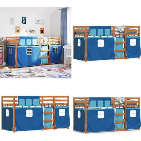 Litera con cortinas madera maciza de pino azul 80x200 cm - Litera con cortinas - Cama para niños