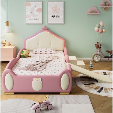 Lit enfant 90x200 LED avec toboggan PU rose HAVRYA (1/5)