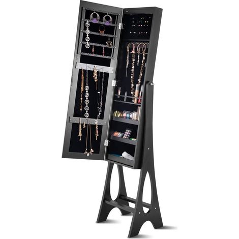 Goplus – Armoire à bijoux sur pied avec miroir plein longueur et lumières LED – 5 étagères et 14 crochets – Doublure en velours pour protection (1/5)