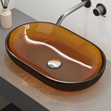 Mai & Mai Vasque à Poser Ovale Orange Ambre Lavabo de Résine Transparente Évier Salle de Bain Lave Mains sans Trop-Plein 54x34x10,5cm Coloria03 (1/5)
