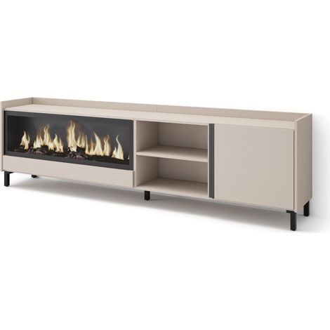Skraut Home - Mobile TV Soggiorno, Ampio spazio a disposizione, 212x35x61cm, Per TV fino a 80", Camino elettrico XXL, Design industriale, Stile moderno, Beige (1/5)