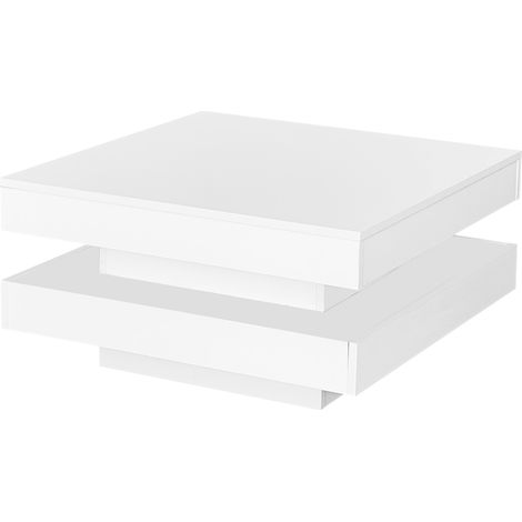 WF324126WAA)Table basse carrée blanche laquée brillante avec plateau pivotant - style techno moderne avec lumière LED, 70x70x36 cm, plateau tournant à 360 degrés