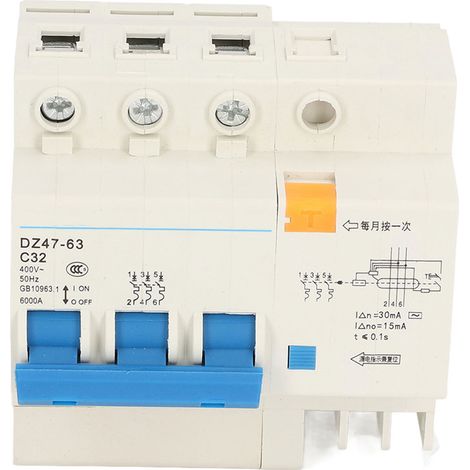 Disjoncteur miniature tripolaire (MCB) pour montage sur rail DIN, pouvoir de coupure de 6000 A, 400 V, 32 A, pour usage domestique (1/5)