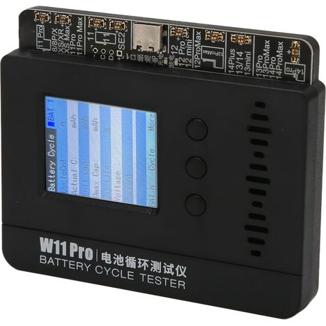 Kompakter Akkutester mit LCD-Display für einzelne Zellen, ermöglicht schnelles Laden und Entladen. Kompatibel mit iPhone 8 bis 14 (100–240 V, EU-Stecker). (1/5)