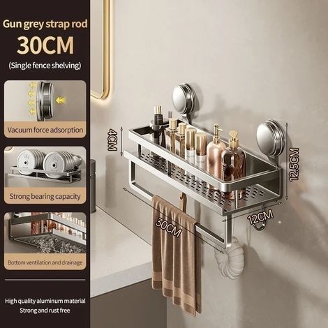 Barre XP grise de 30 cm - Support de salle de bain mural en aluminium avec ventouses adhésives (sans perçage) (1/5)