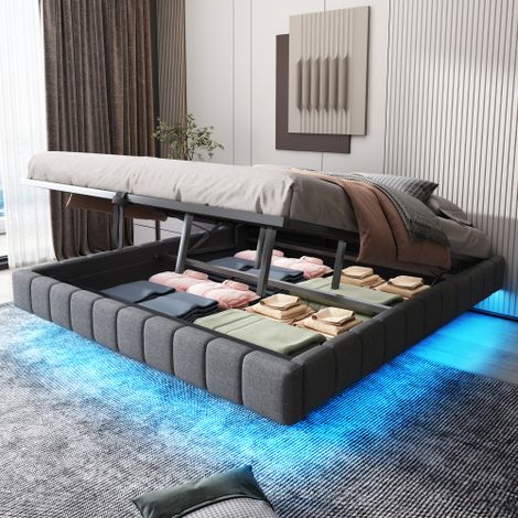 Letto imbottito 180x200 cm, base sospesa idraulicamente con vano contenitore, letto imbottito multifunzionale senza testiera con illuminazione a LED, lino grigio