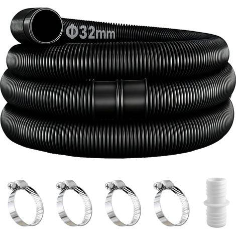 2pcs tuyaux de piscine noir de 32 mm pour pompes de piscine avec 4 clips de sécurité et 1 raccord de tuyau, tuyau de piscine de 150 cm et 32 mm, pour pompe à filtre et piscine