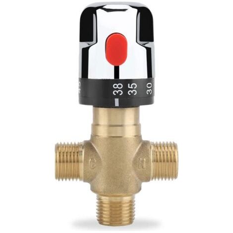 Mitigeur Thermostatique, Vanne de Contrôle de la Température de L'eau en Laiton Massif G1/2, Mitigeur Thermostatique à Trois Voies, pour une Utilisation dans la Salle de Bain, les Toilettes, l (1/4)