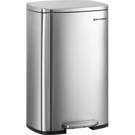 Songmics – Poubelle à pédale 50L en acier – Fermeture douce et silencieuse – Seau intérieur amovible avec trou – Design argenté moderne (1/5)