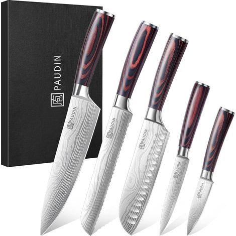 Set Couteau Cuisine Professionnel, 5 Pièces Ensembles de Couteau Japonais Tranchants, Acier Inoxydable, Couteau de Chef Santoku Universel Fruit Pain, Manche en Bois (1/5)