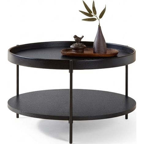ELVMI Table Basse Ronde à Deux Plateaux avec Structure en Métal pour Salon en Bois Massif et MDF Noir (1/5)