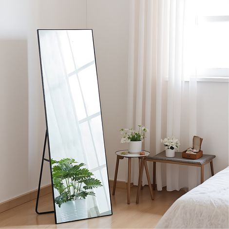 Ganzkörperspiegel 150 x 40 cm, rechteckiger Standspiegel mit Rahmen aus Aluminiumlegierung, Groß Rechteckig Standspiegel mit robustem Glas, für Schlafzimmer, Wohnzimmer und Garderobe, Schwarz (1/5)