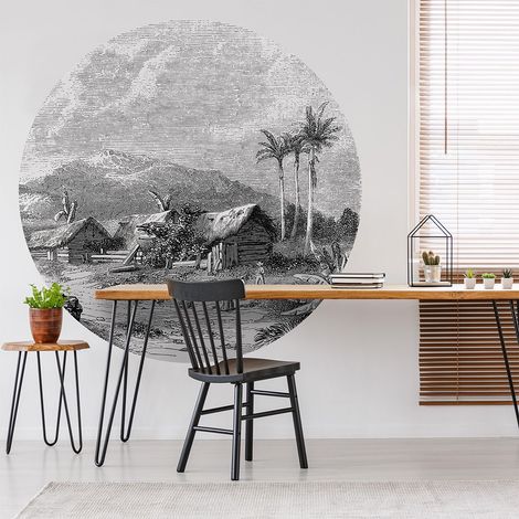 Papier Peint Noir et Blanc Volcan - Papiers Peints Ronds WallArt Papier Peint Noir et Blanc Volcan Guadeloupe - Papier Peint Rond WallArt - 142,5cm (1/5)