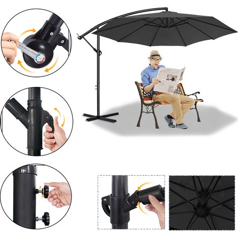 AUFUN Parasols en aluminium 300cm avec manivelle protection UV 40+ - Gris foncé parasol de balcon parasol de jardin réglable en hauteur (Gris foncé) (1/5)