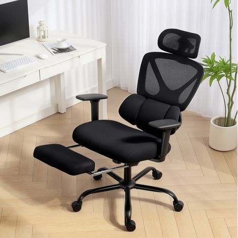 Bürostuhl 50x50x118 cm schwarz aus Kunststoff mit Netzrücken, Fußstütze, 3D-Armlehnen und Kopfstütze (1/4)