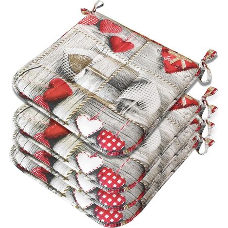 Lot De 4 Coussins Pour Chaise Cuisine Coton Doux Lavables Universelles Matelassé Shabby Chic Coeurs