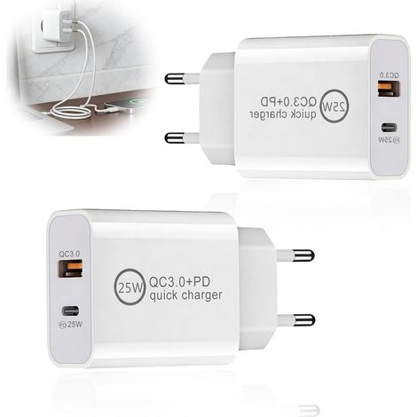Lot de 2 Chargeur USB C 25W 4 Port USB-C et USB-A Super Rapide Prise Secteur Adaptateur Multi Secteur PD+QC 3.0 Type C Adaptateur pour S24/S23/S22/S21 pour 16/15/14 Device (1/5)