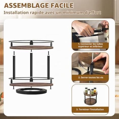 étagère à épices rotative à deux niveaux en bois, avec 4 pots à épices, plateau tournant rond, pour plan de travail de cuisine, couleur marron vintage, diamètre 26 cm (1/3)