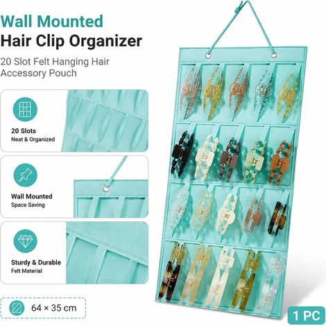 Organisateur de pinces à cheveux mural, pochette suspendue en feutre à 20 emplacements pour accessoires capillaires, rangement mural pour pinces à cheveux de 64x35cm pour coiffeuse et placard (1/5)