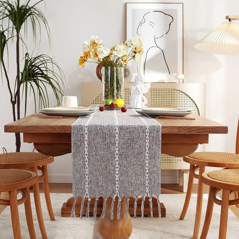 Chemin De Table Lin - 33 X 229 Cm - Brodé Floral - Pompons - Ivoire - 1 Pièce (1/5)